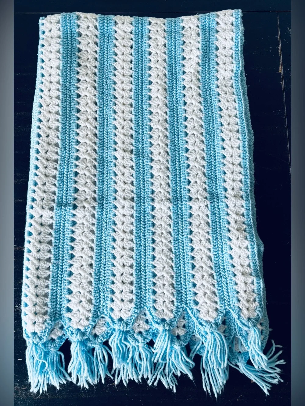 Vintage Handmade Crochet  Blue White Striped Afghan Blanket Throw 58x38